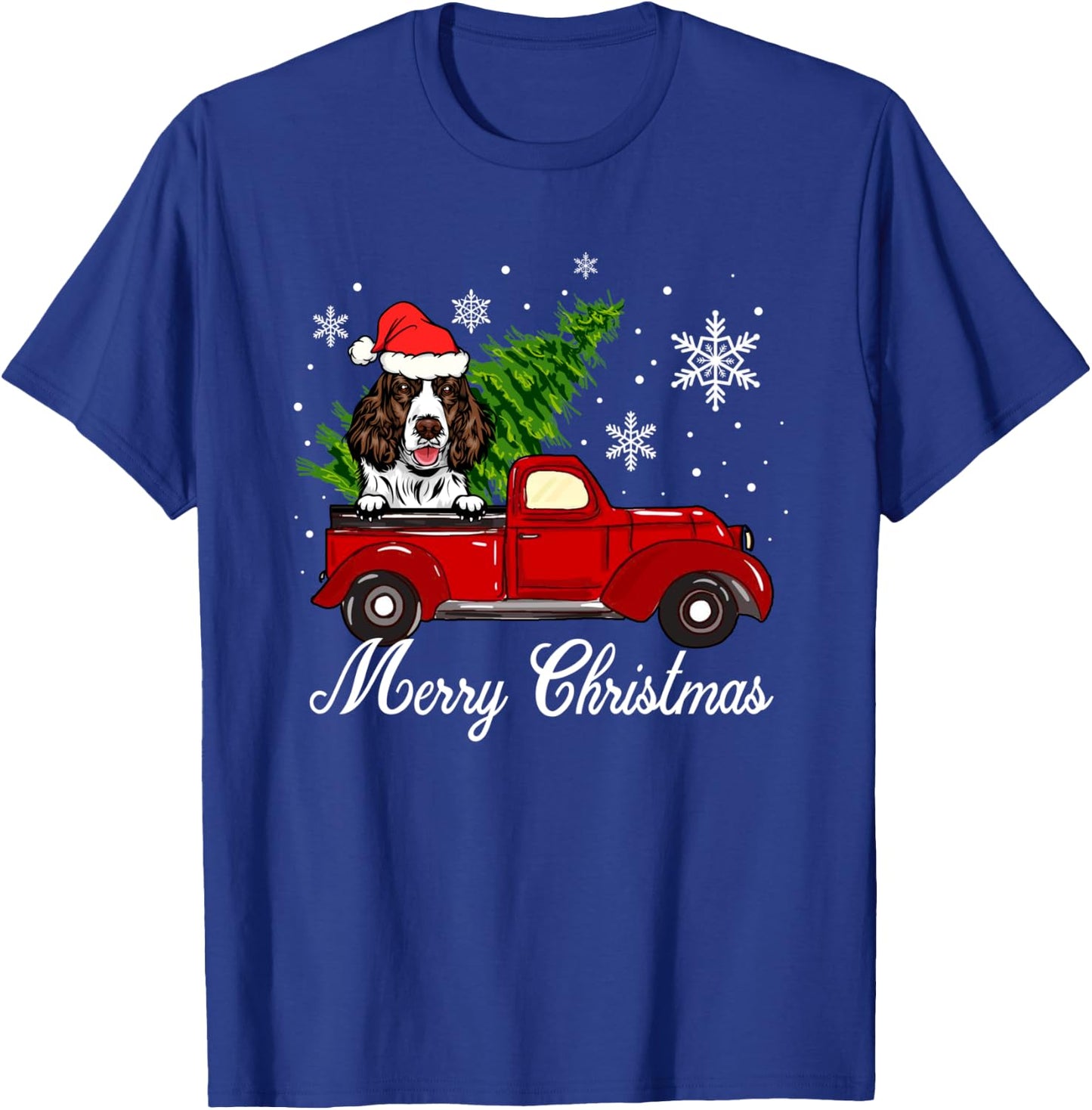 English Springer Spaniel Dog Riding Red Truck Christmas T-Shirt - T-Shirt | Royal
