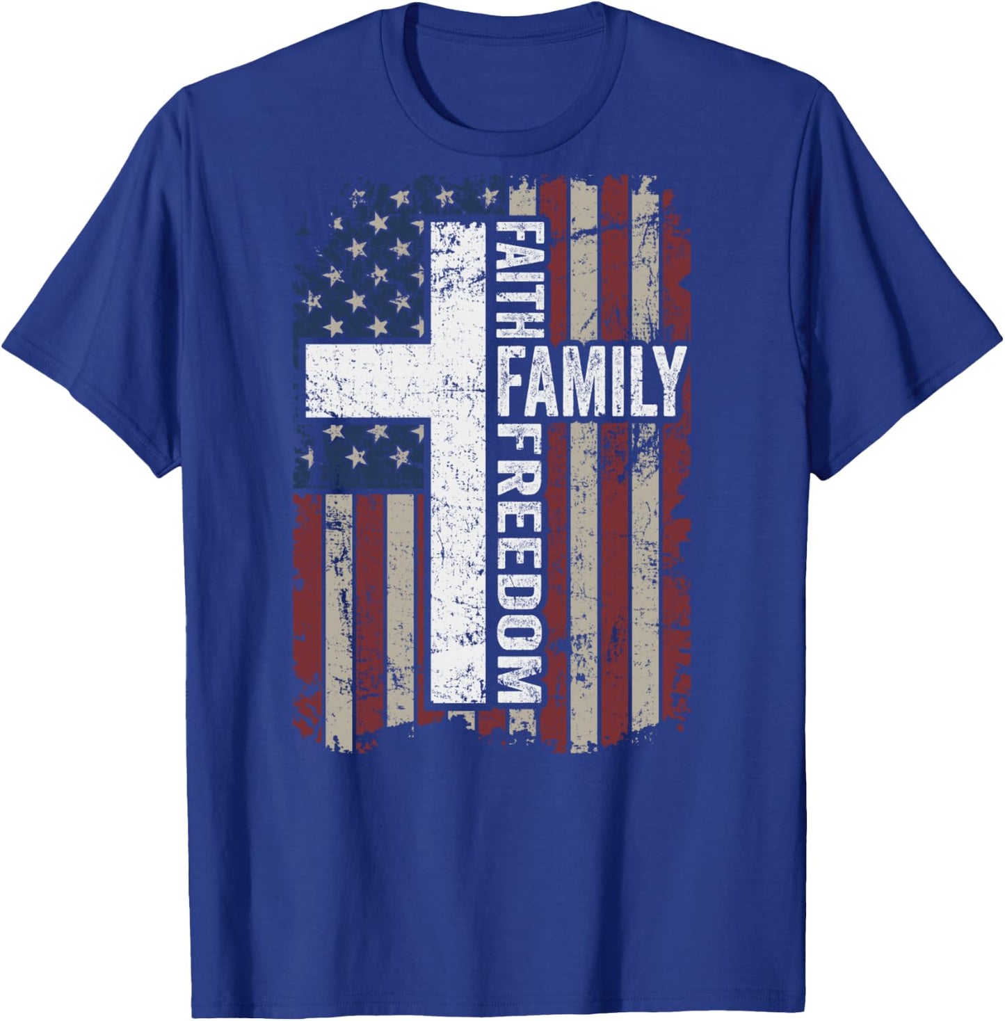 Faith Family Freedom - Christian Vintage USA Flag - ON BACK T-Shirt - T-Shirt | Royal
