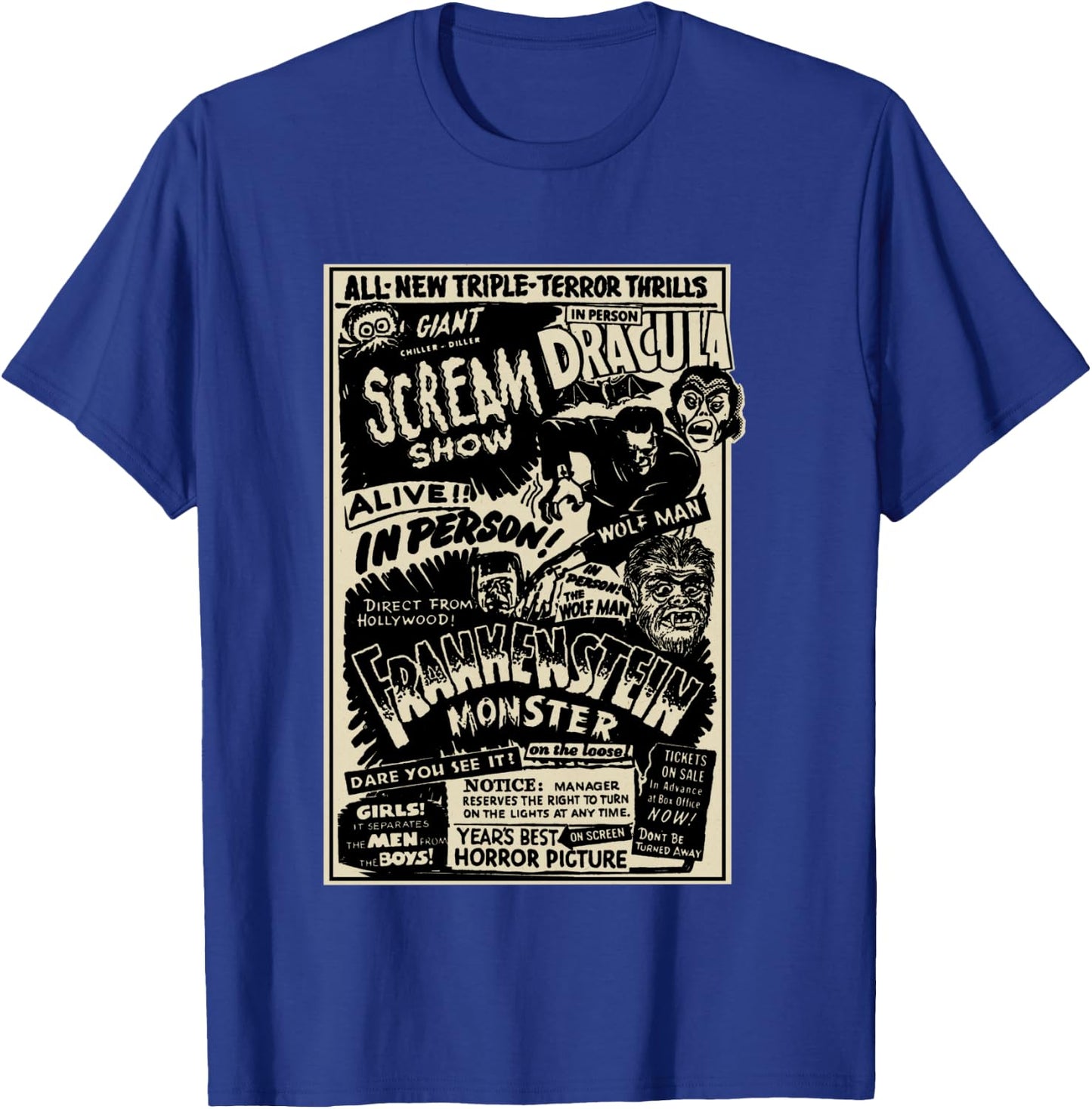 Horror Movie Monster Mummy Dracula Werewolf Frankenstein T-Shirt - T-Shirt | Royal