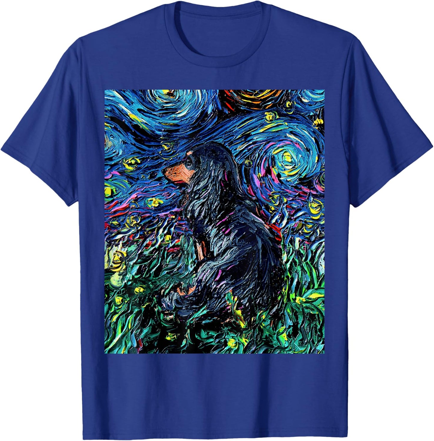 Black Long Hair Dachshund Starry Night Doxie Dog Artwork T-Shirt - T-Shirt | Royal