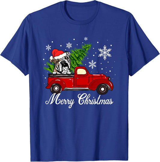 English Bulldog Dog Riding Red Truck Christmas Decorations T-Shirt - T-Shirt | Royal