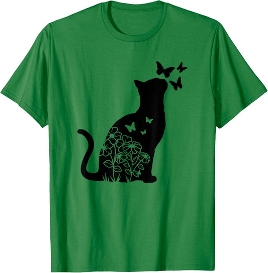 Cat Lover Flowers Butterfly Floral Women Girls, Cat Mom Cute T-Shirt - T-Shirt | Irish Green