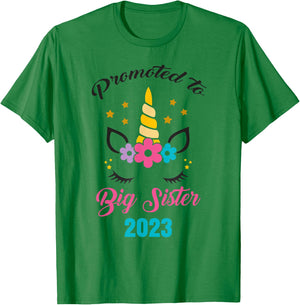 Cute Promoted to Big Sister 2023 Girls Unicorn T-Shirt - T-Shirt | Irish Green