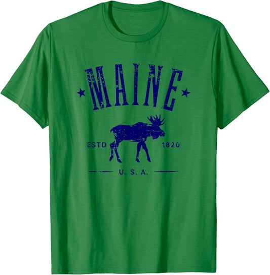 Maine USA with Moose Distressed Design Souvenir T-Shirt - T-Shirt | Irish Green