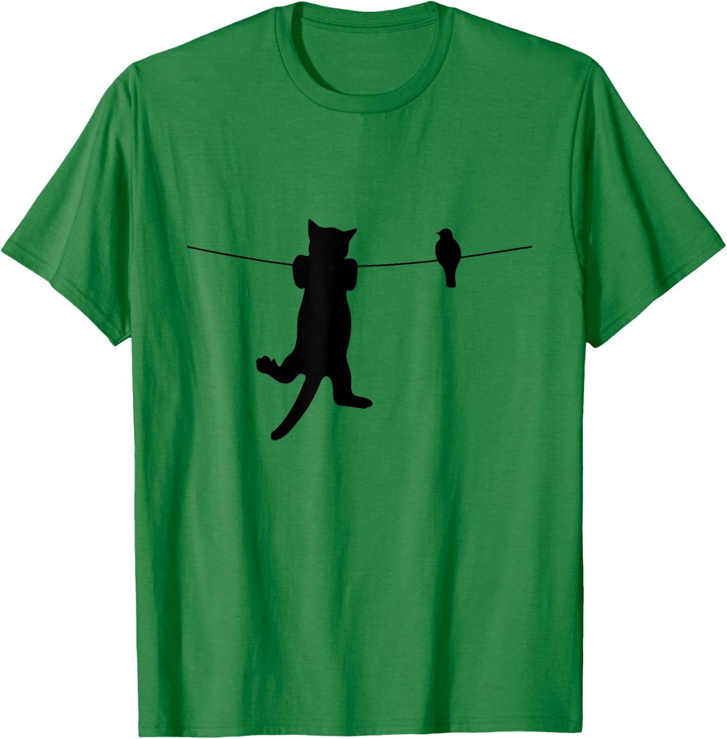 Bird Cat on a Wire Worst Enemies Besties Friends Silhouette T-Shirt - T-Shirt | Irish Green