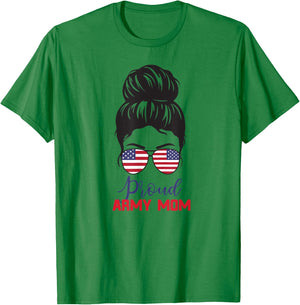 Proud Army Mom Messy Bun Soldier veterans day T-Shirt - T-Shirt | Irish Green