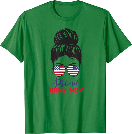 Proud Army Mom Messy Bun Soldier veterans day T-Shirt - T-Shirt | Irish Green