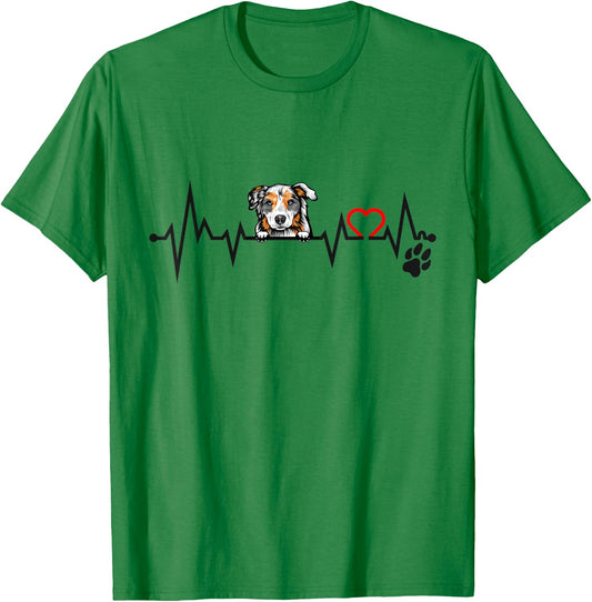 Peeking Australian Shepherd EKG Heartbeat With Paw Print T-Shirt - T-Shirt | Irish Green