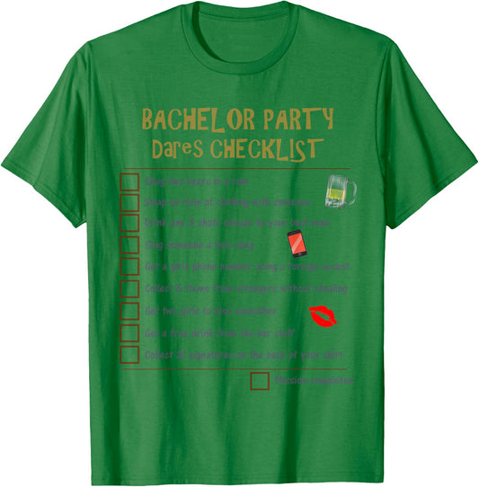 Bachelor Party Checklist | Grooms Stag Night Fun Dares Game T-Shirt - T-Shirt | Irish Green