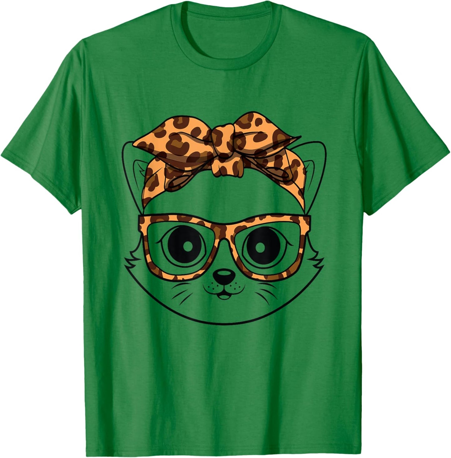 Cute Cat Face Wearing Leopard Print Glasses T-Shirt - T-Shirt | Irish Green
