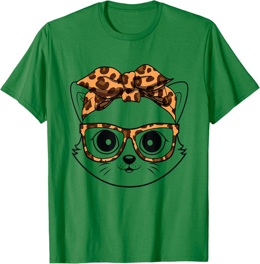 Cute Cat Face Wearing Leopard Print Glasses T-Shirt - T-Shirt | Irish Green