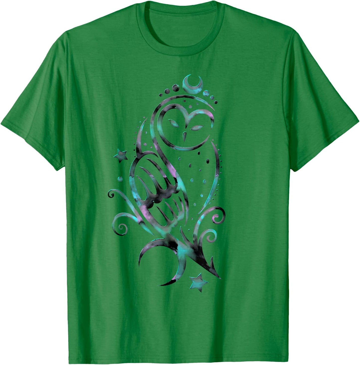 Moon Owl Watercolor Style Magic Owl with Moons and Stars T-Shirt - T-Shirt | Irish Green