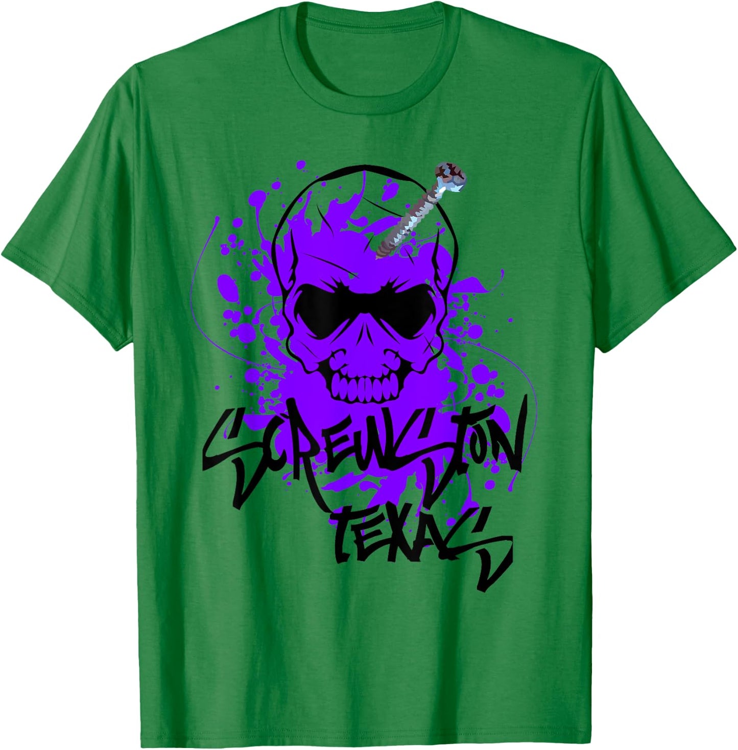 Screwston Texas | Screwhead Skeleton Skull with Purple Paint T-Shirt - T-Shirt | Irish Green