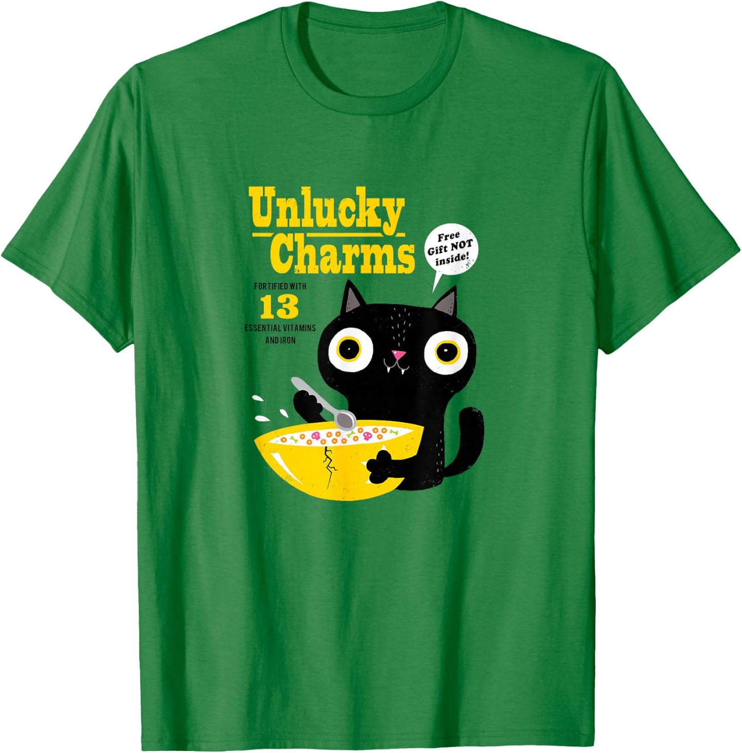 Funny Cat Cereal: Unlucky Charms-Official DinoMike Design T-Shirt - T-Shirt | Irish Green