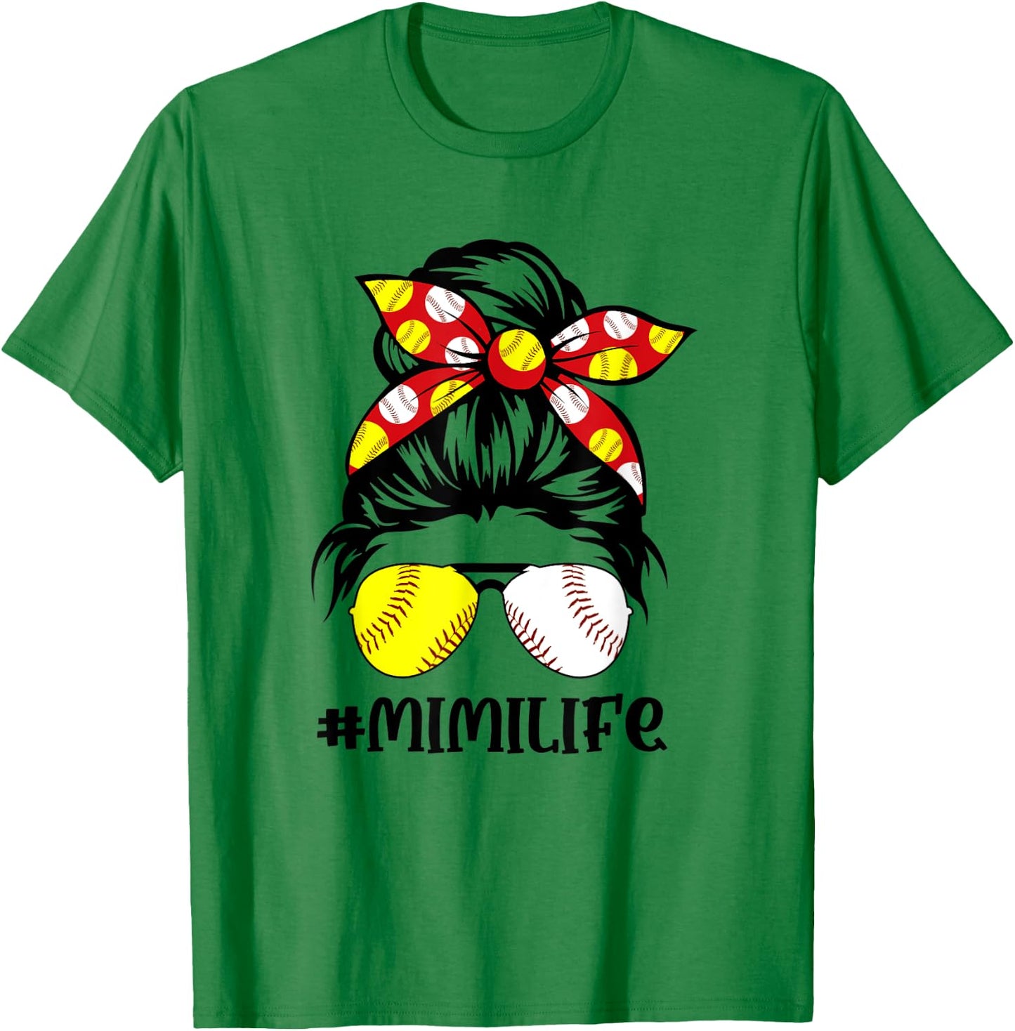 Messy Bun Mimi Life Softball Baseball Mother's Day T-Shirt - T-Shirt | Irish Green