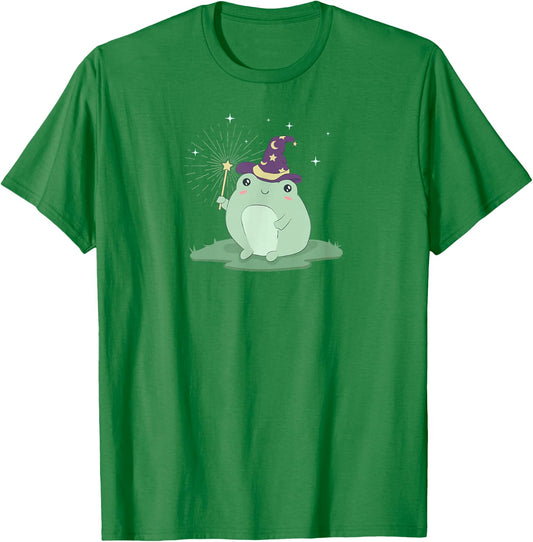 Cottagecore Aesthetic Kawaii Frog Wizard Hat Magic Wand T-Shirt - T-Shirt | Irish Green