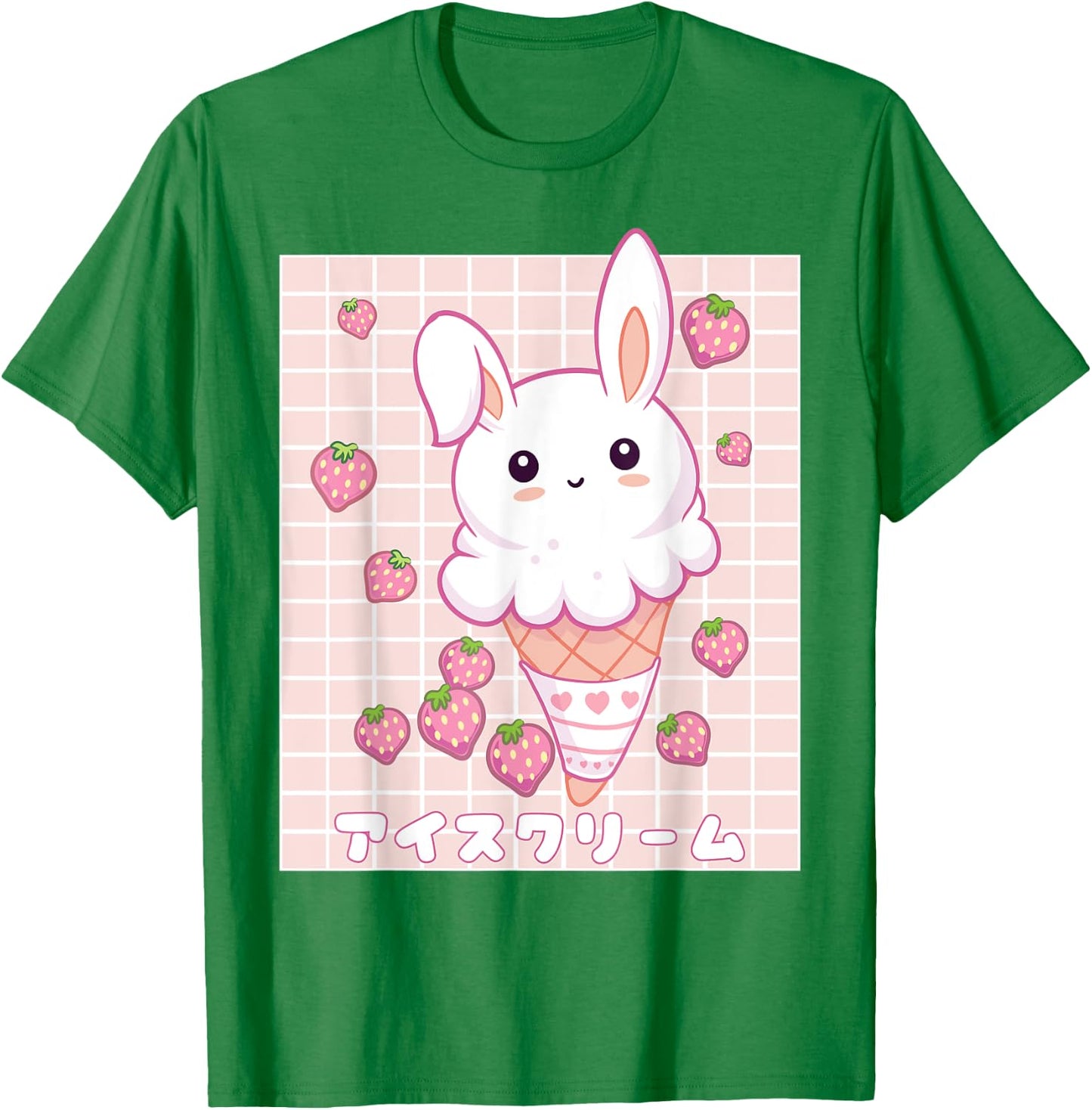 Kawaii Aesthetic Strawberry Ice Cream Bunny Vaporwave T-Shirt - T-Shirt | Irish Green