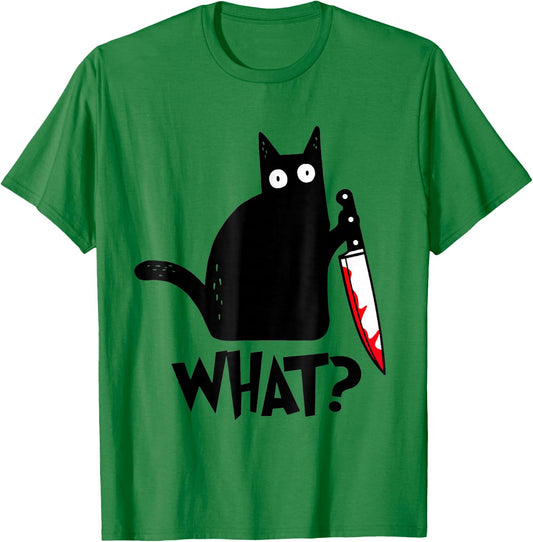 Cat What? Funny Black Cat Murderous Cat With Knife T-Shirt - T-Shirt | Irish Green
