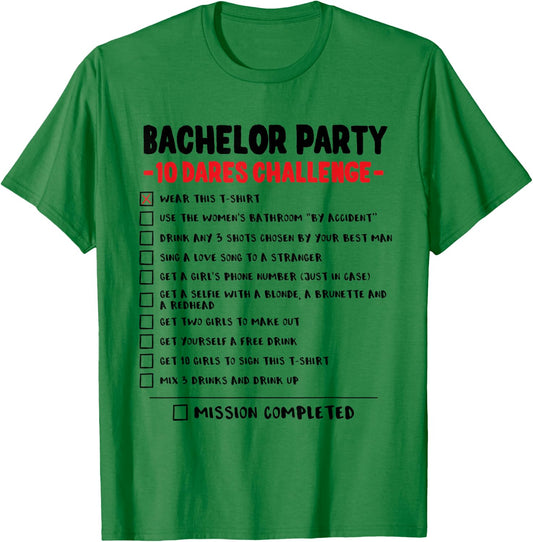 Funny Bachelor Party Checklist Groom Stag Night Dares Game T-Shirt - T-Shirt | Irish Green