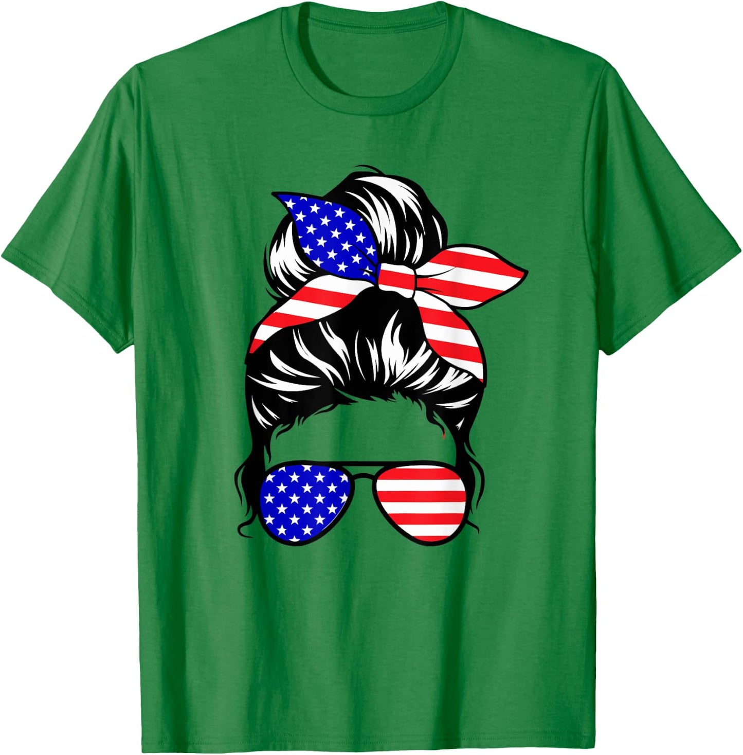 4th of July Shirt Daughter Messy Bun Cute American USA Girls T-Shirt - T-Shirt | Irish Green