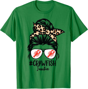 Crawfish Junkie Leopard Messy Bun Sunglasses Cajun Lobster T-Shirt - T-Shirt | Irish Green