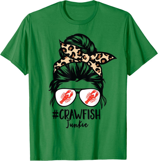 Crawfish Junkie Leopard Messy Bun Sunglasses Cajun Lobster T-Shirt - T-Shirt | Irish Green
