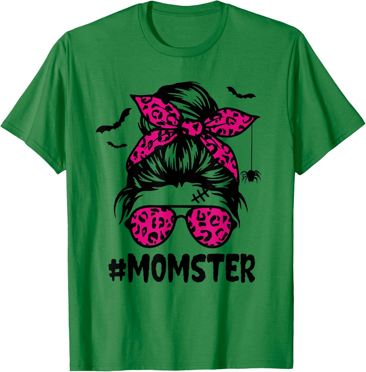 Momster Shirt Halloween Mom Messy Bun Leopard T-Shirt - T-Shirt | Irish Green