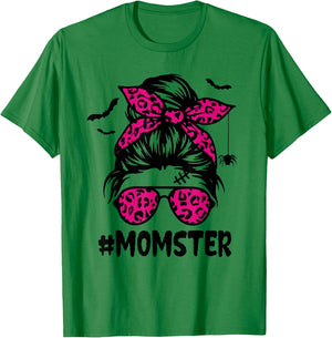 Momster Shirt Halloween Mom Messy Bun Leopard T-Shirt - T-Shirt | Irish Green