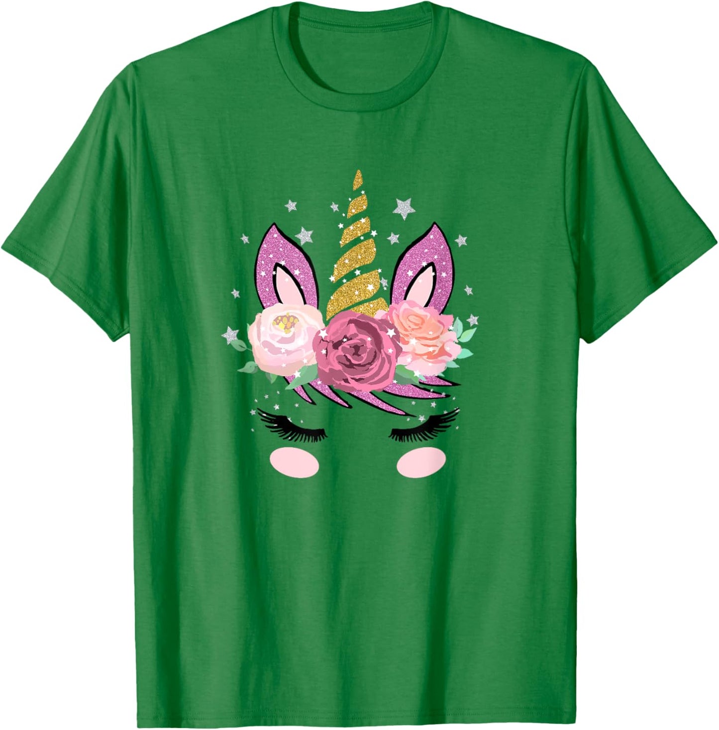 Cute Unicorn Face With Flowers And Beautiful Lashes Gift T-Shirt - T-Shirt | Irish Green