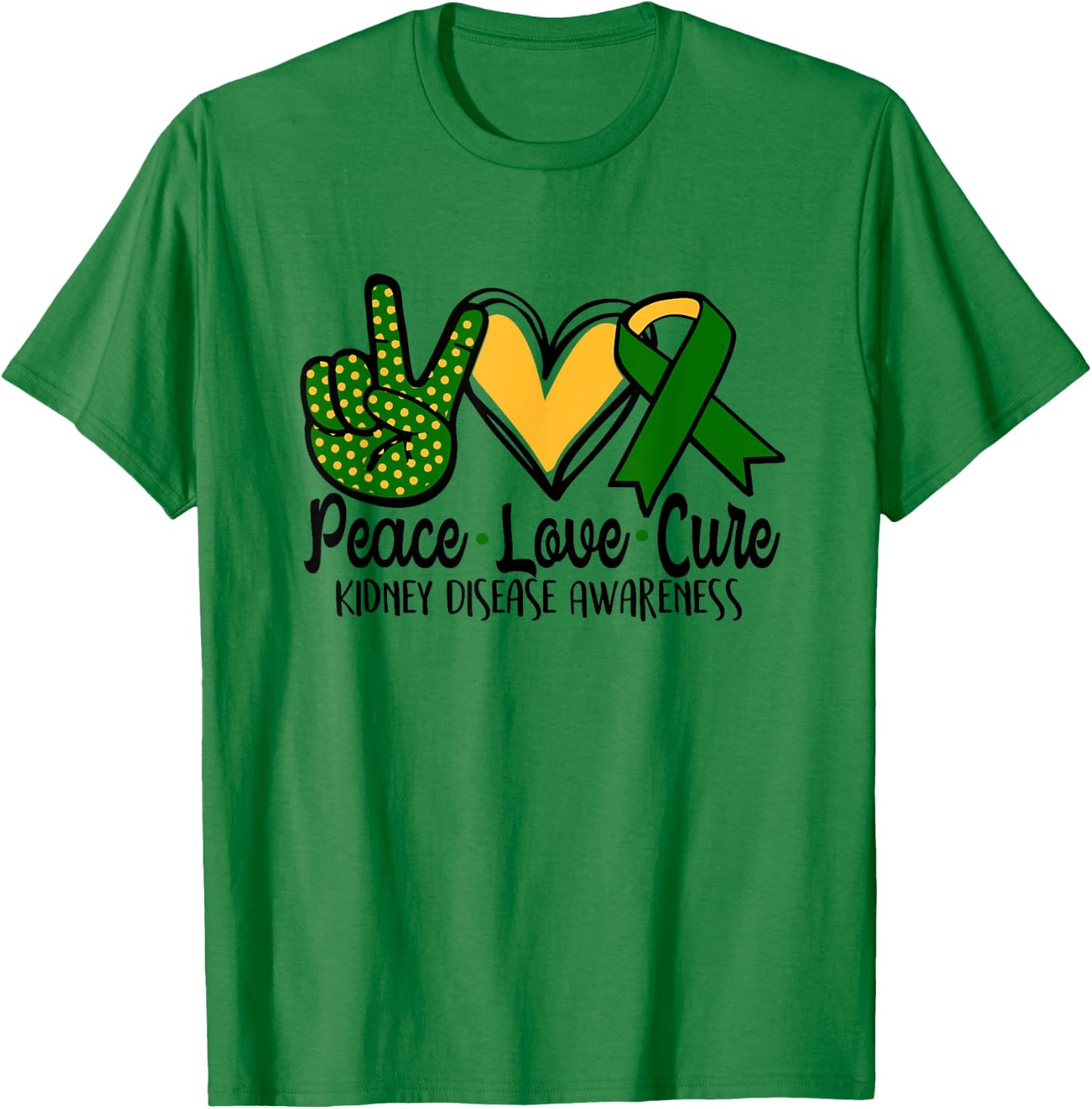 Peace Love Cure Kidney Disease Awareness March Green Ribbon T-Shirt - T-Shirt | Irish Green