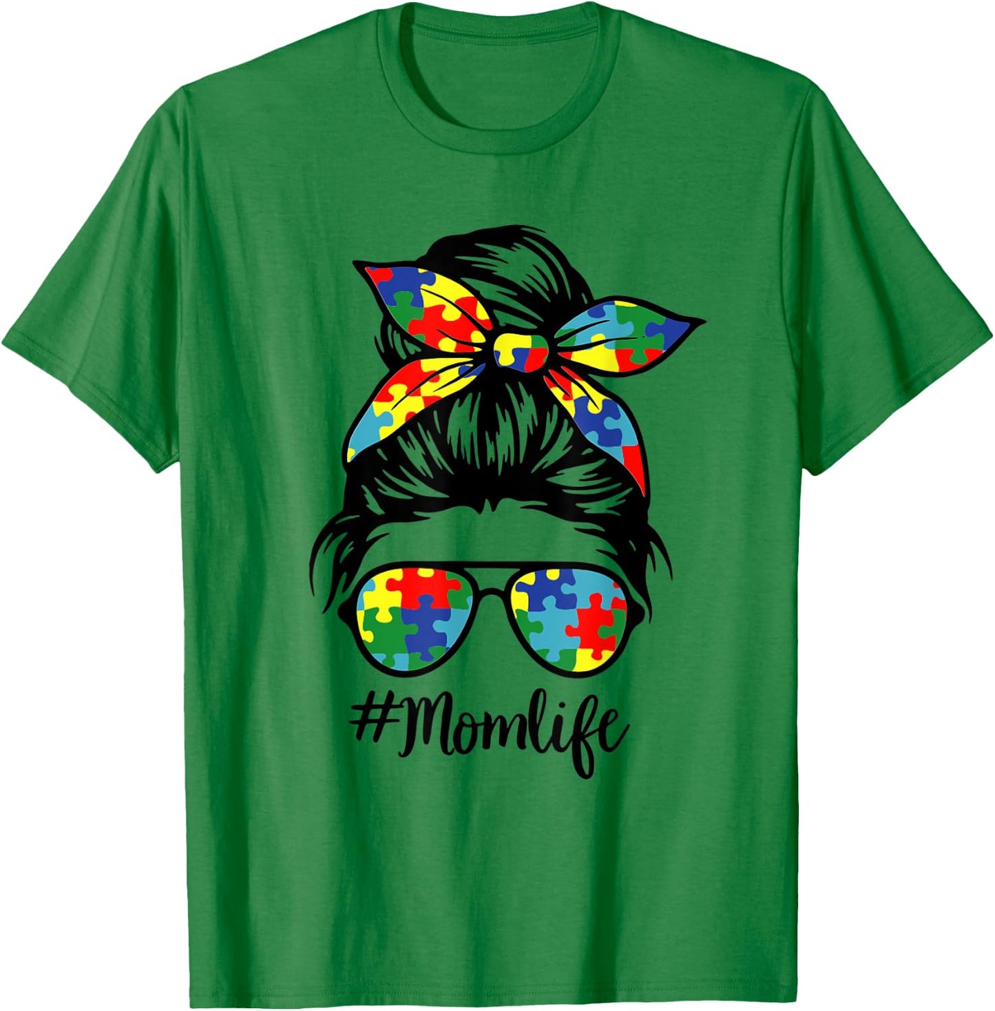 Autism Mom Life Puzzle Messy Bun Autism Awareness Month T-Shirt - T-Shirt | Irish Green