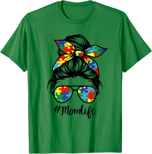 Autism Mom Life Puzzle Messy Bun Autism Awareness Month T-Shirt - T-Shirt | Irish Green