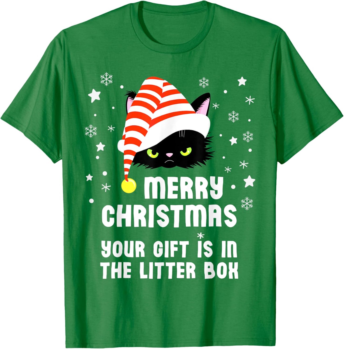 Merry Christmas Top Your Gift is in the Litter Box Cat Funny Men Women Kids T-Shirt - T-Shirt | Irish Green