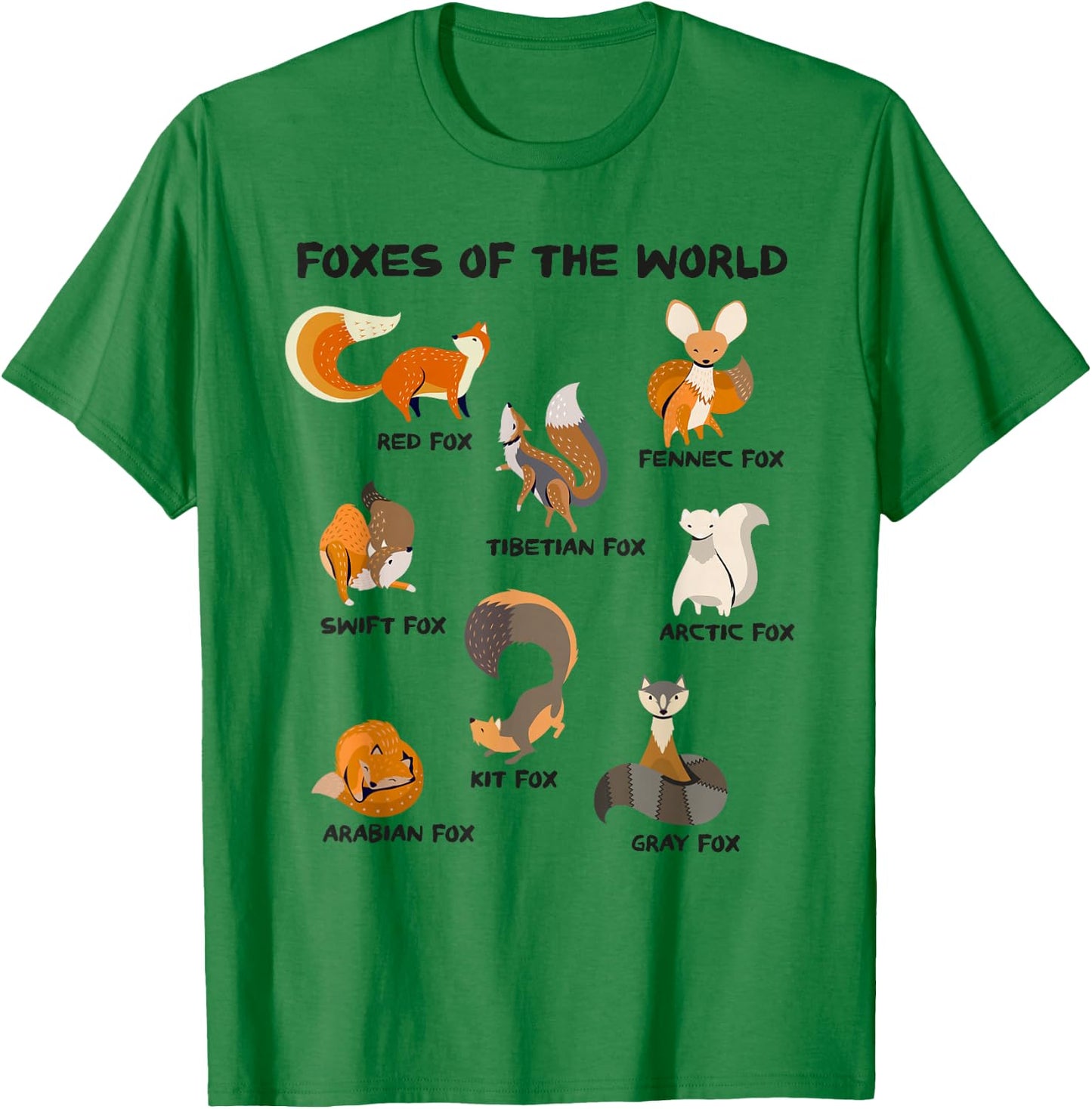 Foxes Of The World Cute Fox Breeds Animals Educational Fox T-Shirt - T-Shirt | Irish Green