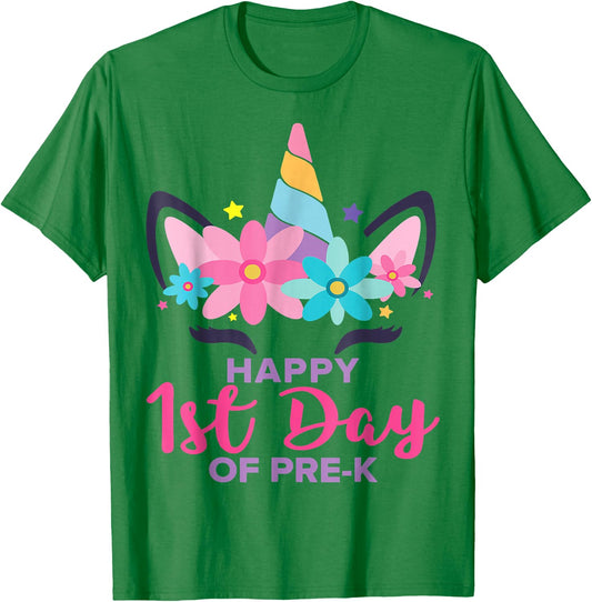 Pre K Unicorn Girl Happy 1st Day Of Pre-K Back To School T-Shirt - T-Shirt | Irish Green
