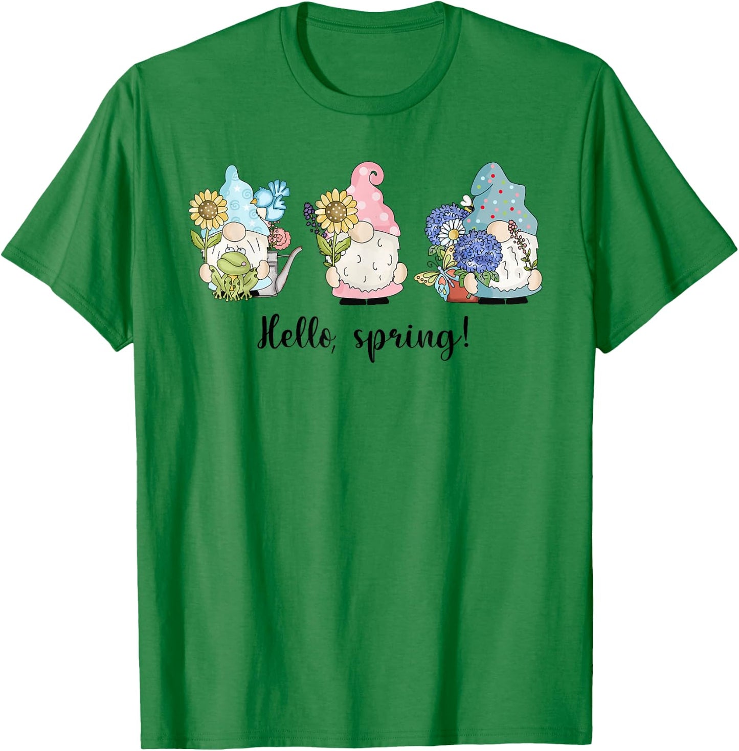 Hello Spring Gnomes with Flowers Butterflies Easter Top Girl T-Shirt - T-Shirt | Irish Green