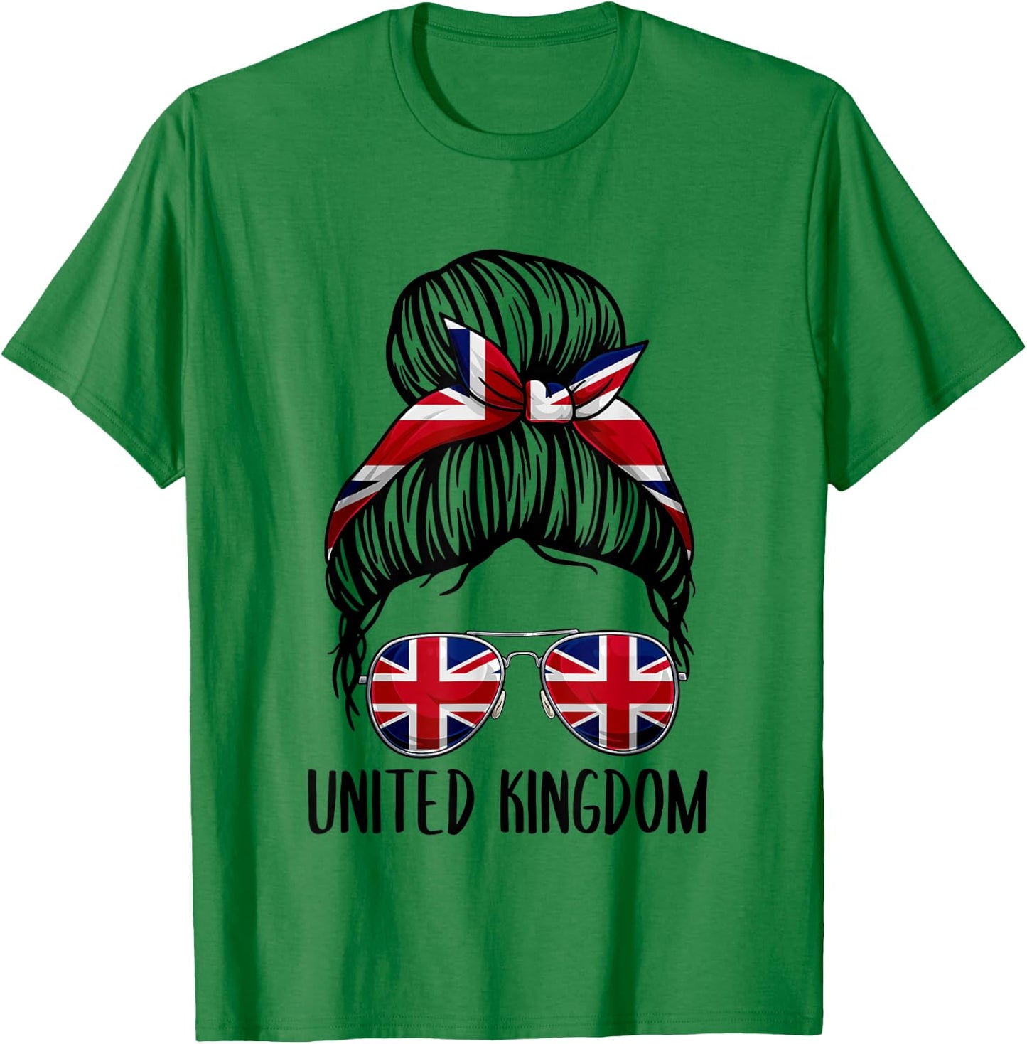 United Kingdom Shirt For Girls Women, Messy Bun British Flag T-Shirt - T-Shirt | Irish Green