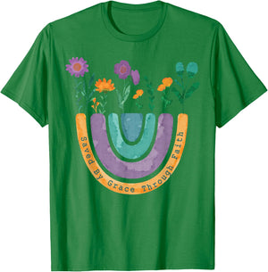 Saved By Grace Through Faith Christian Rainbow Wildflowers T-Shirt - T-Shirt | Irish Green
