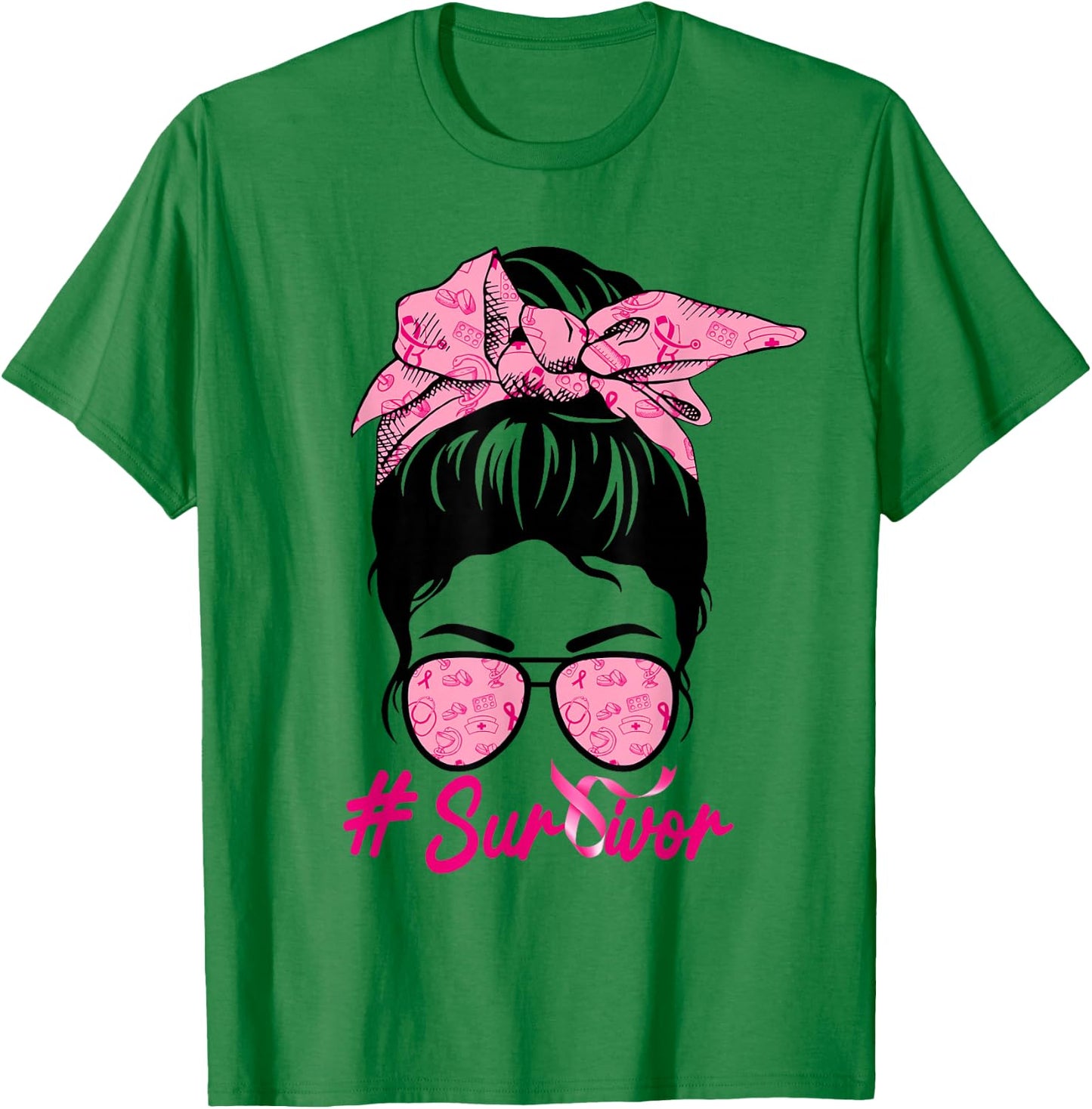 Survivor Messy Bun Pink Breast Cancer Awareness T-Shirt - T-Shirt | Irish Green