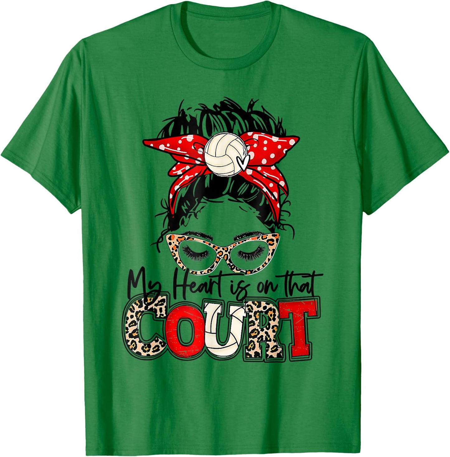 Leopard Messy Bun My Heart Is On That Court Volleyball Vibes T-Shirt - T-Shirt | Irish Green