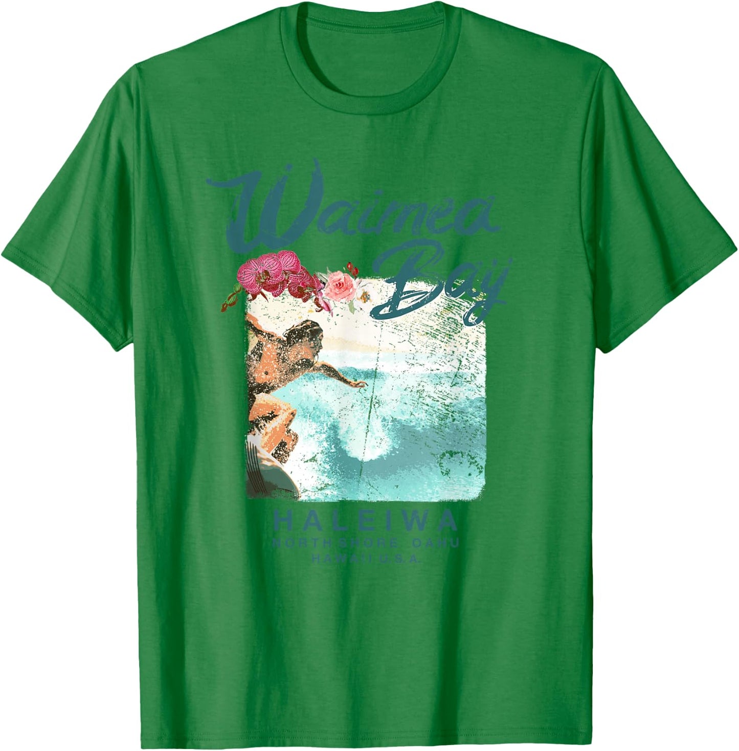 Waimea Bay Hawaii Vintage Hawaiian Surf T-Shirt - T-Shirt | Irish Green