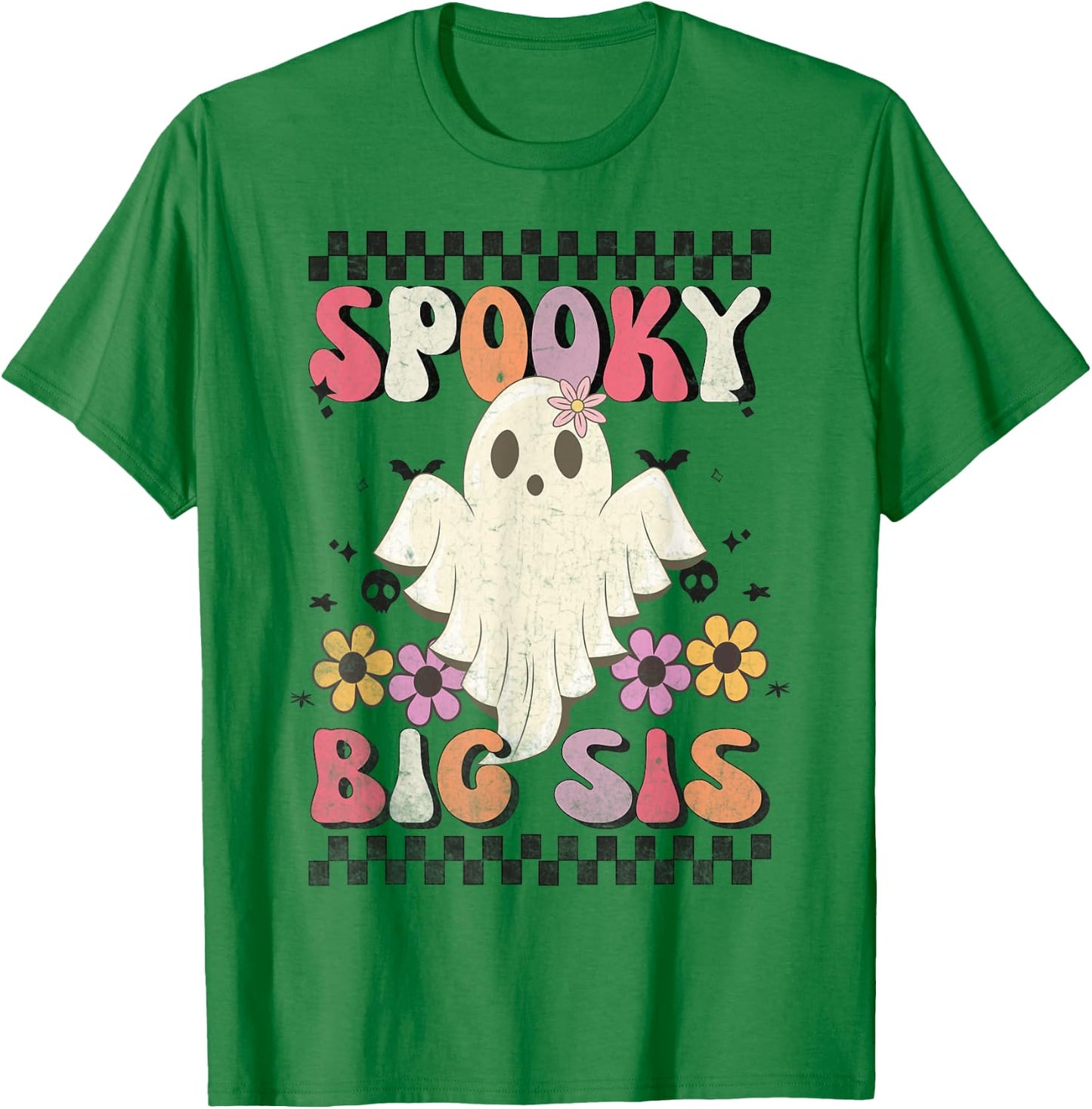 Spooky Big Sis Retro Groovy Halloween Big Sister Ghost T-Shirt - T-Shirt | Irish Green
