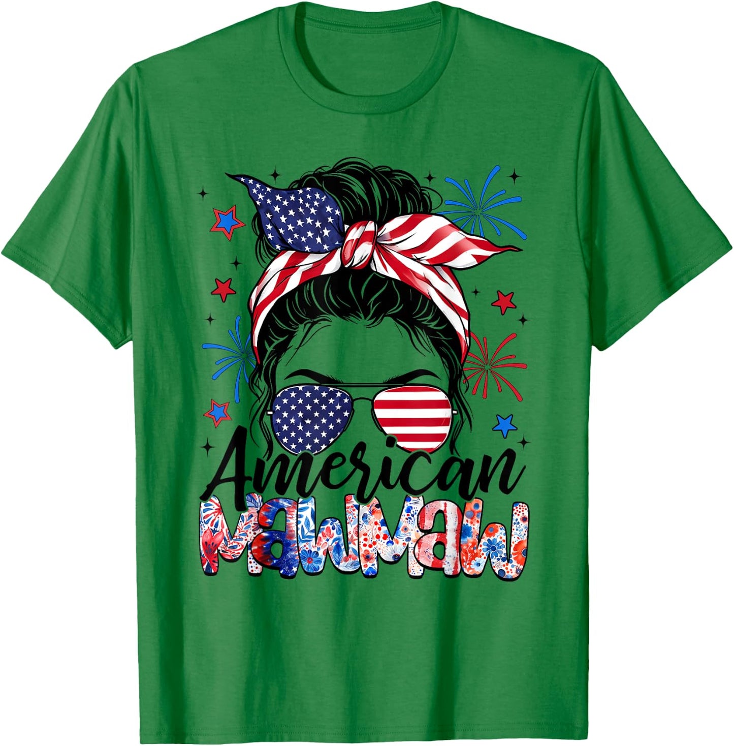 Mawmaw 4th Of July American Flag Patriotic Messy Bun T-Shirt - T-Shirt | Irish Green