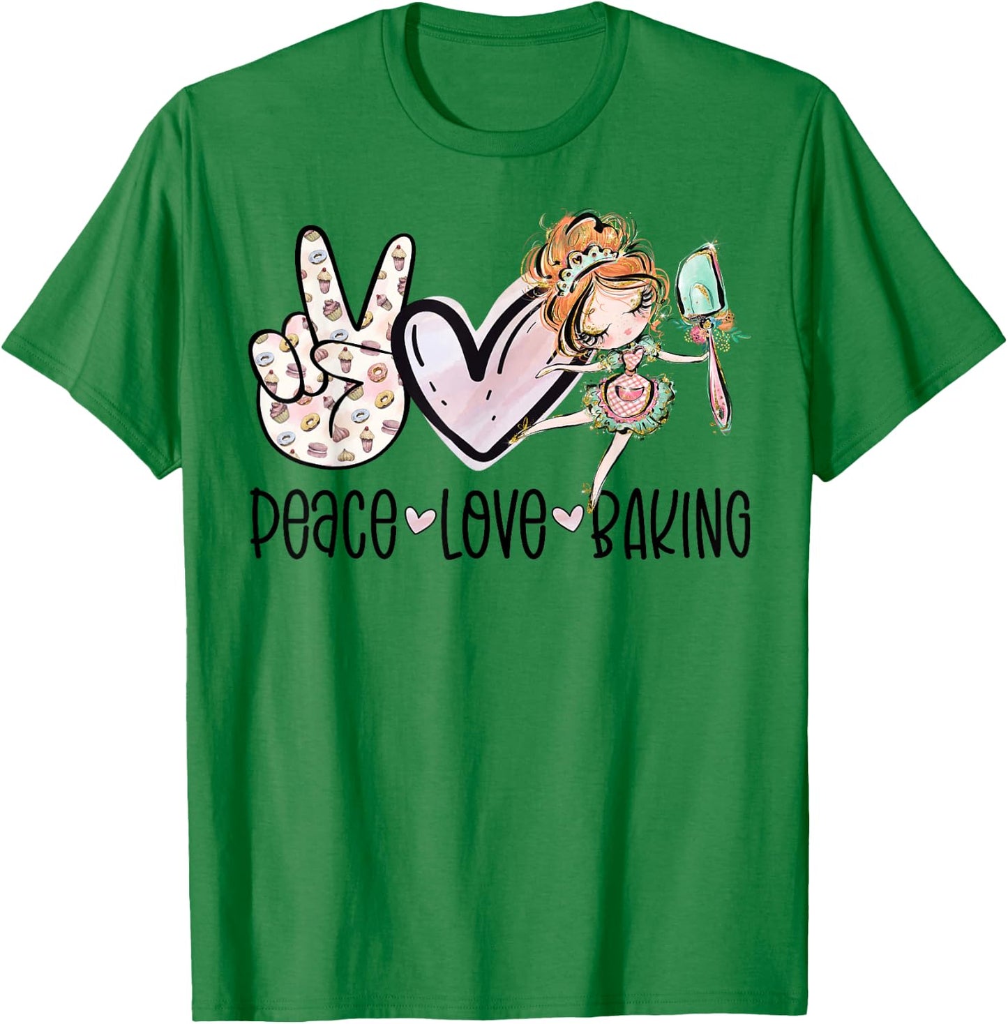Peace Love Baking Cute Baker Girl Bakery Bake Funny Baking T-Shirt - T-Shirt | Irish Green