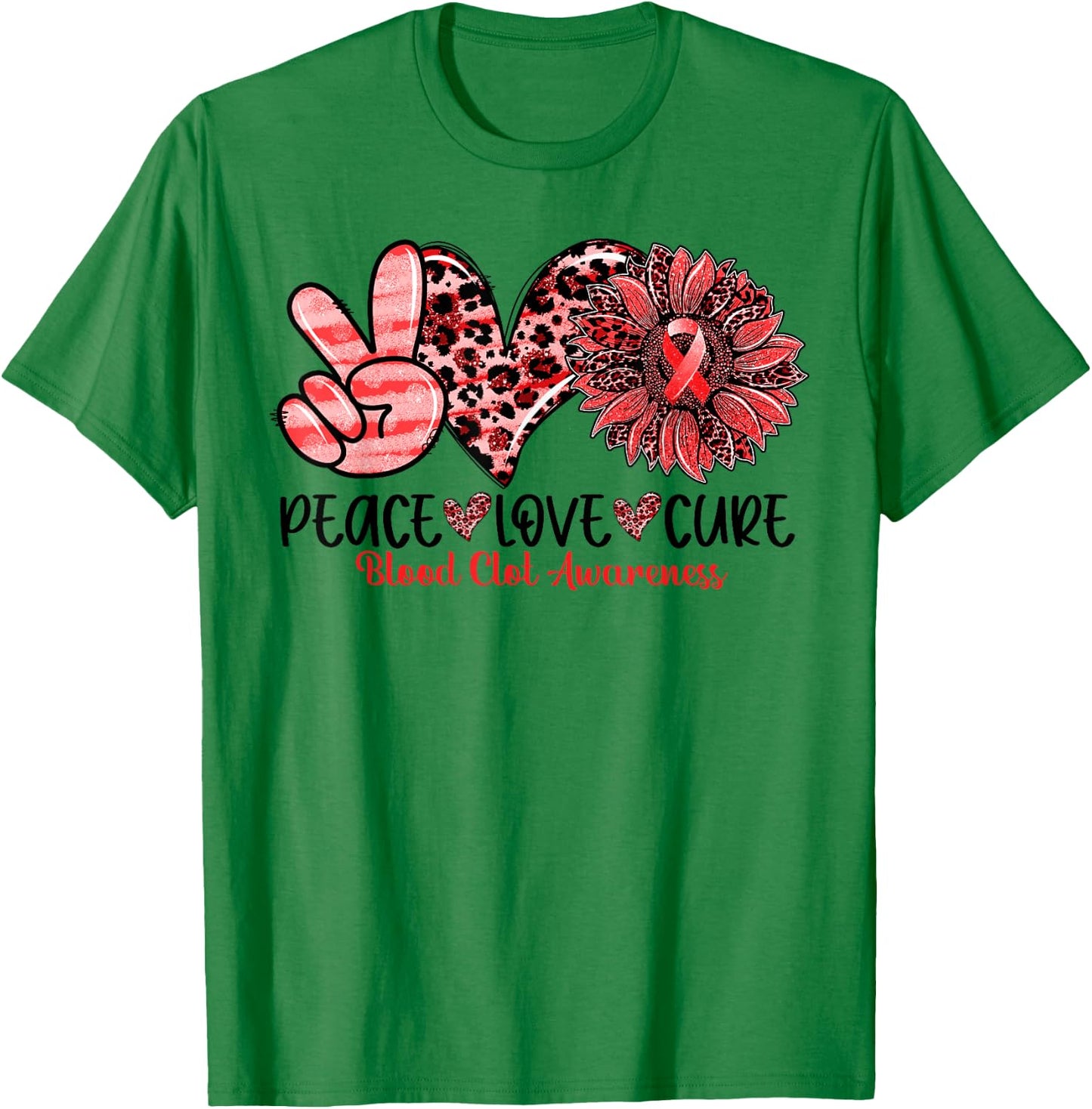 Peace Love Cure Sunflower Red Ribbon Blood Clot Awareness T-Shirt - T-Shirt | Irish Green
