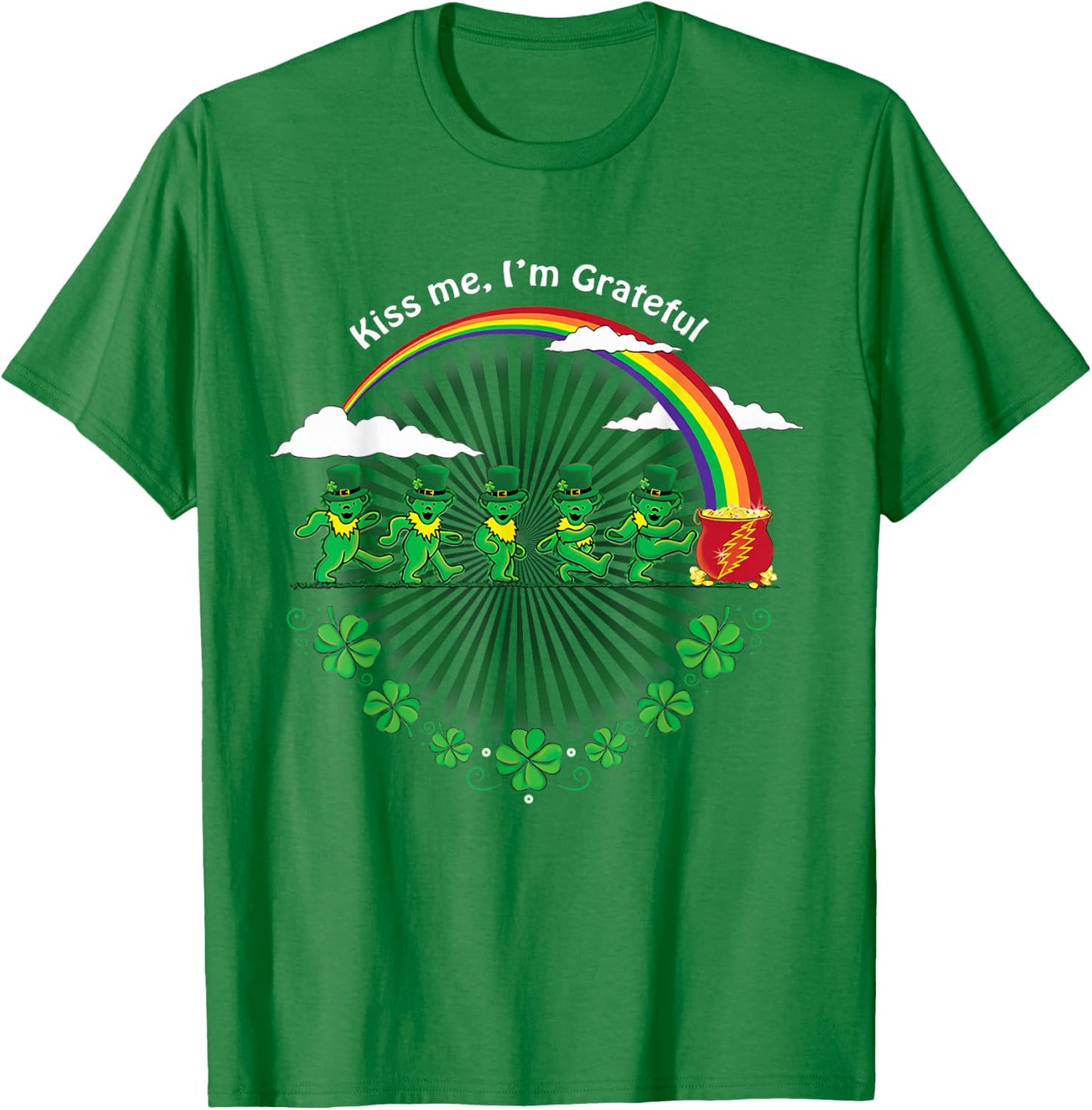 Kiss Me I'm Grateful Leprechauns Rainbow St Patricks Day T-Shirt - T-Shirt | Irish Green