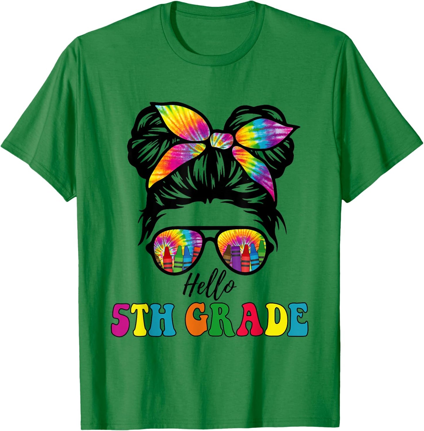 Hello 5th Grade Tie Dye Messy Bun Girl Back to School Kid T-Shirt - T-Shirt | Irish Green