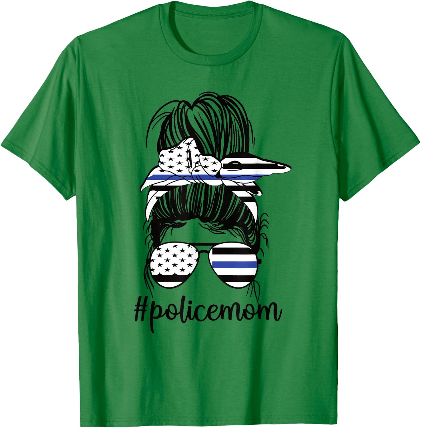 Police Mom Messy Bun Police Officer Mom Mother Blue Line T-Shirt - T-Shirt | Irish Green