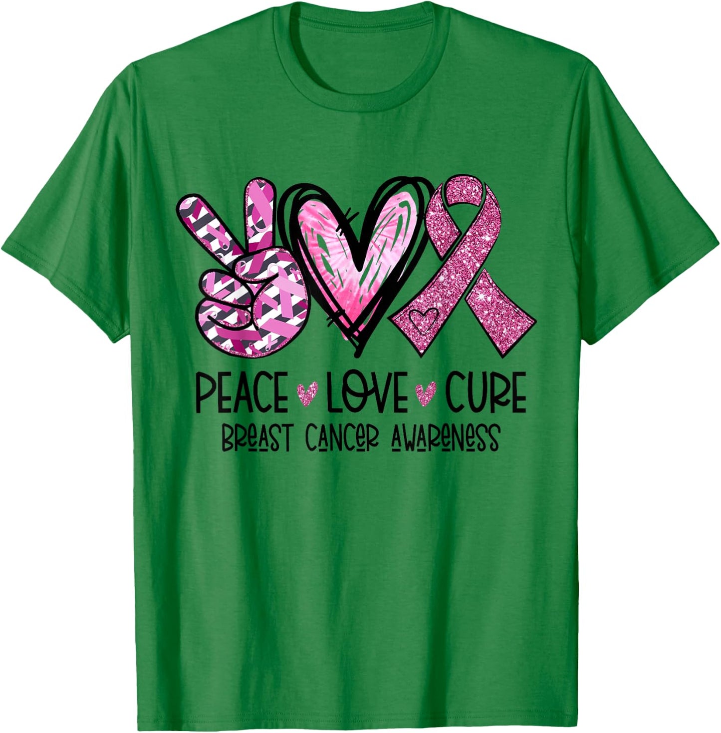 Peace Love Cure Pink Ribbon Cancer Breast Awareness T-Shirt - T-Shirt | Irish Green