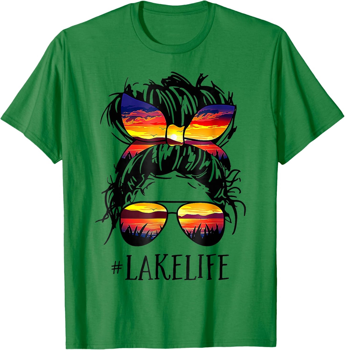 Lake Life Messy Bun Hair Girl Retro Lake Summer T-Shirt - T-Shirt | Irish Green